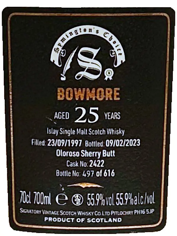 Produktbild Bowmore Vintage 1997 - 25 Jahre - Oloroso Sherry Butt Cask No. 2422 - Cask Strength Collection - Symington's Choice by Signatory Vintage - Single Malt Whisky - 2cl Sampleprobe