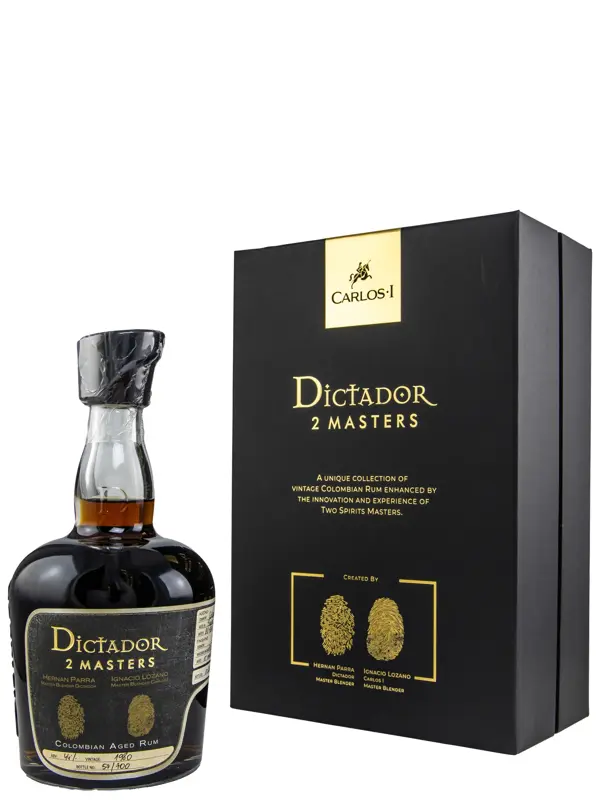 R00572_1 Dictador 2 Masters 41 Jahre - Vintage 1980 - Carlos I - Oloroso, Sherry, Brandy Cask - Batch 80-631 – Colombian Aged Rum