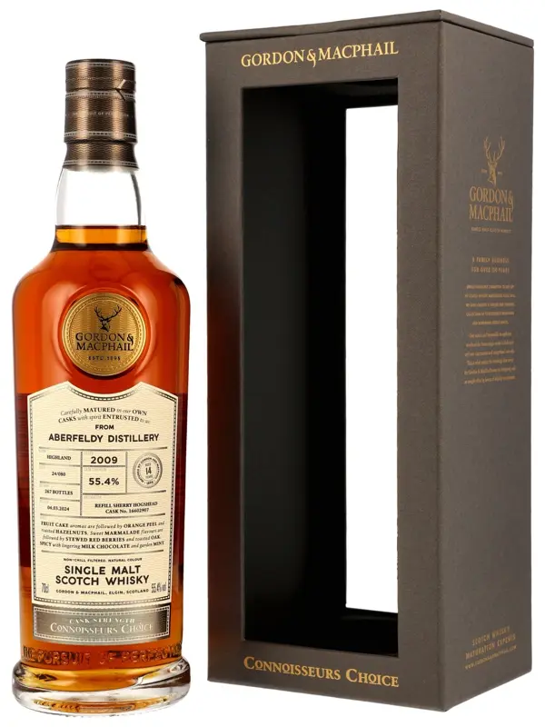 Aberfeldy 14 Jahre - Vintage 2009 - Refill Sherry Hogshead - Cask No. 16602907 - Batch 24080 - Connoisseurs Choice - Gordon & MacPhail - Single Malt Scotch Whisky Aberfeldy 14 Jahre - Vintage 2009 - Refill Sherry Hogshead - Cask No. 16602907 - Batch 24/080 - Connoisseurs Choice - Gordon & MacPhail - Single Malt Scotch Whisky