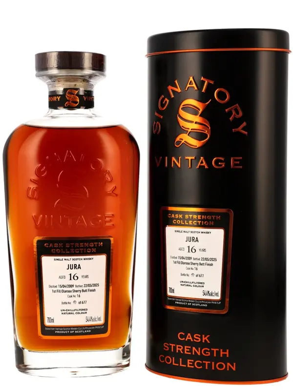 Jura 16 Jahre - Vintage 2009 - 1st Fill Oloroso Sherry Butt Finish - Cask No. 16 - Signatory Vintage - Cask Strength Collection - Single Malt Scotch Whisky