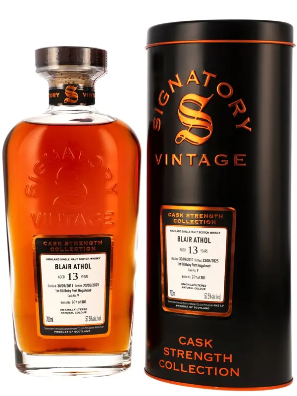 Blair Athol 13 Jahre - Vintage 2011 - 1st Fill Ruby Port Hogshead - Cask No. 9 - Signatory Vintage - Cask Strength Collection - Single Malt Scotch Whisky