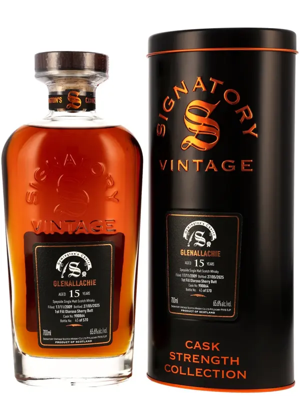 Glenallachie 15 Jahre - Vintage 2009 - 1st Fill Oloroso Sherry Butt - Cask No. 900864 - Cask Strength Collection - Signatory Vintage - Symington's Choice - Single Malt Scotch Whisky
