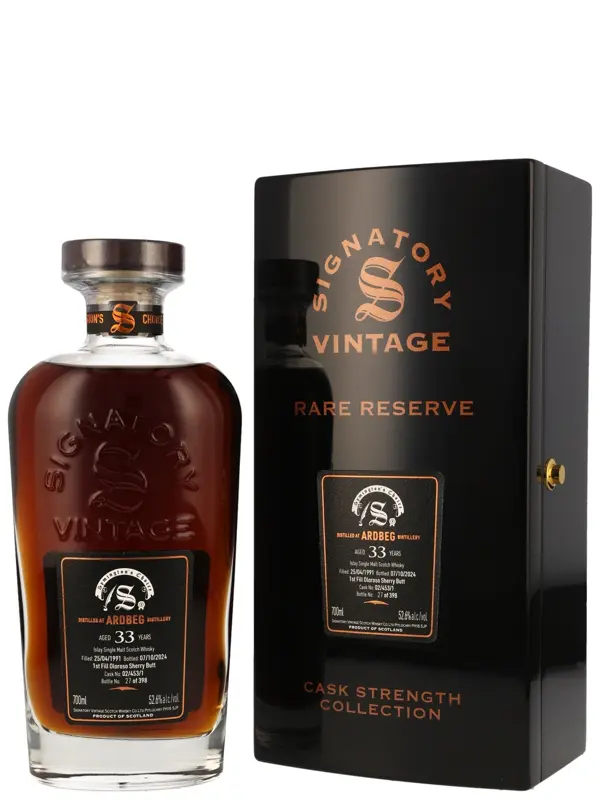 Ardbeg 33 Jahre – Vintage 1991 – 1st Fill Oloroso Sherry Butt - Cask No. 02/453/1 – Rare Reserve - Symington's Choice - Signatory Vintage – Single Malt Scotch Whisky