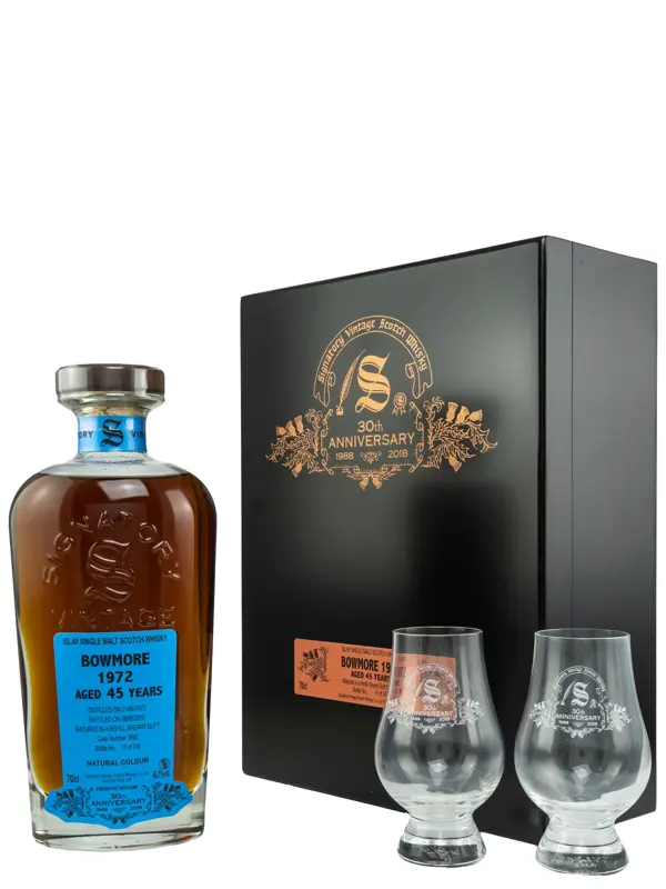 4472 Bowmore Vintage 1972 - 45 Jahre - 30th Anniversary + 2 Gläser - Refill Sherry Butt No. 3882 - Signatory Vintage - Single Malt Scotch Whisky