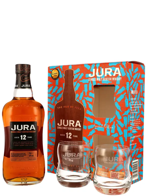 Jura 12 Jahre - American White Oak Ex-Bourbon Barrels + Oloroso Sherry Casks - incl. 2 Gläsern - Single Malt Scotch Whisky