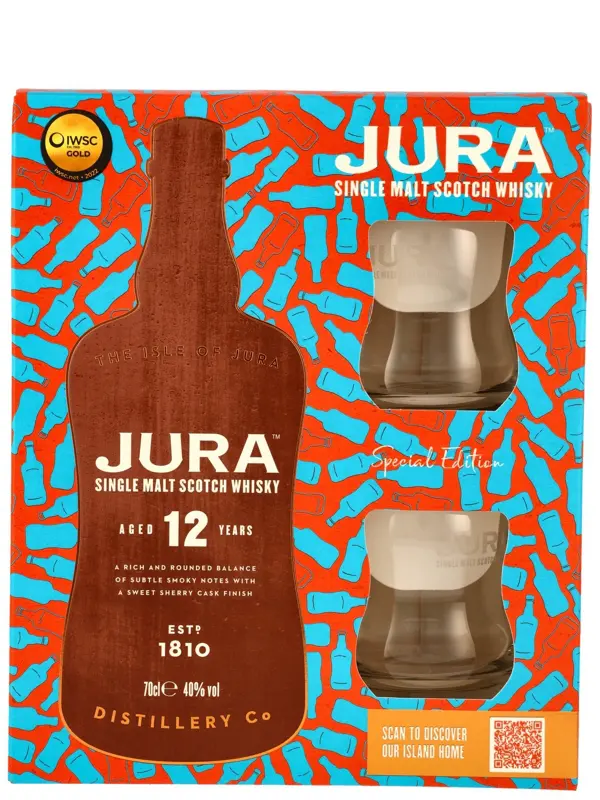 Jura 12 Jahre - American White Oak Ex-Bourbon Barrels + Oloroso Sherry Casks - incl. 2 Gläsern - Single Malt Scotch Whisky