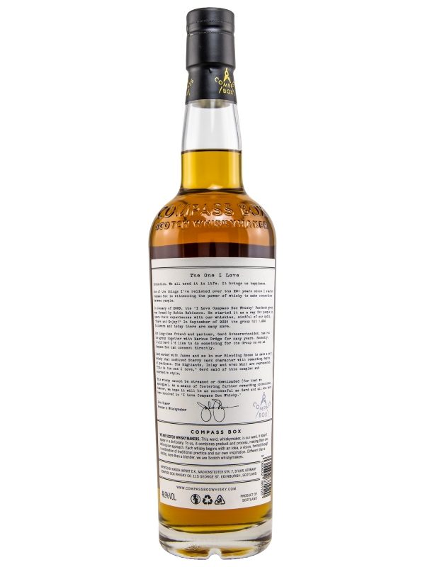 The One I Love - Compass Box - 1st Fill+ Refill Sherry Butts, French Oak Barrels, Refill + Recharred Barrels - Blended Malt Scotch Whisky R The One I Love - Compass Box - 1st Fill+ Refill Sherry Butts, French Oak Barrels, Refill + Recharred Barrels - Blended Malt Scotch Whisky