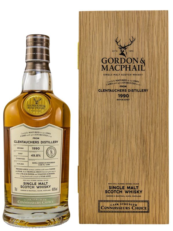 Glentauchers 31 Jahre - Vintage 1990 - Batch 22 027 - Refill American Hogshead Cask No. 12488 - Connoisseurs Choice - Cask Strength - Gordon & MacPhail - Speyside Single Malt Scotch Whisky Glentauchers 31 Jahre Vintage 1990 Batch 22 027 Refill American Hogshead Cask No. 12488 Connoisseurs Choice Cask Strength Gordon und MacPhail Speyside Single Malt Scotch Whisky
