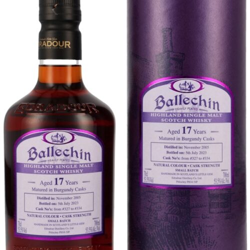 Ballechin 17 Jahre - Vintage 2004 - Heavily Peated - Matured in Burgundy Casks - Batch No. 327 to 334 - Small Batch - Highland Single Malt Scotch Whisky Ballechin 17 Jahre - Vintage 2005 - Heavily Peated - Matured in Burgundy Casks - Batch No. 327 to 334 - Small Batch - Highland Single Malt Scotch Whisky
