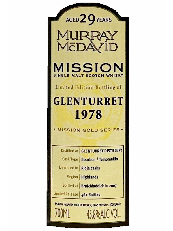 Glenturret 29 Jahre - VIntage 1978 - Murray McDavid - 2cl Sampleprobe Glenturret 29 Jahre - Vintage 1978 - Bourbon / Tempranillo Rioja Casks - Mission Gold Series by Murray McDavid - Single Malt Whisky - 2cl Sampleprobe