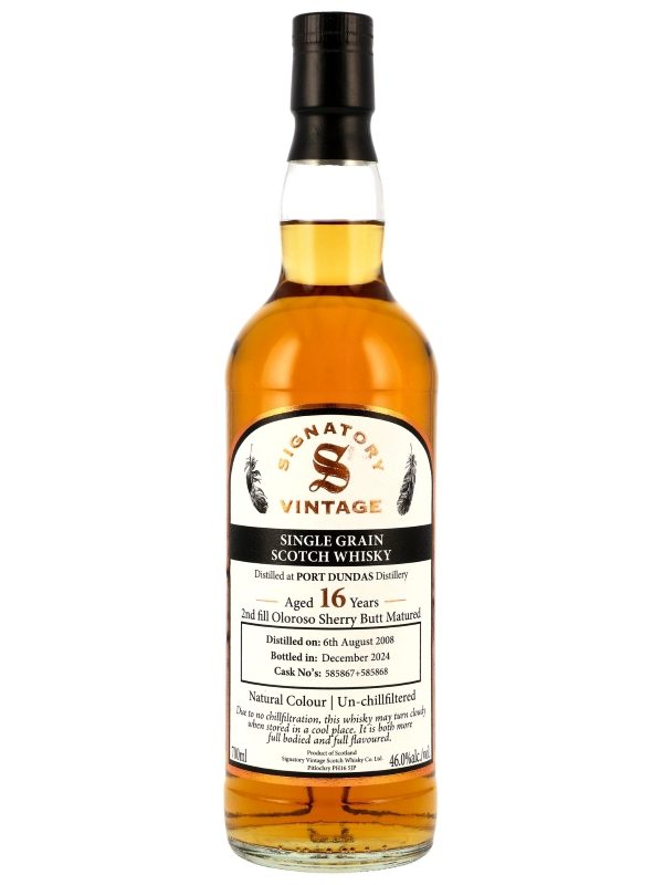 Port Dundas 16 Jahre - Vintage 2008 - 2nd Fill Oloroso Sherry Butt Matured - Cask No. 585867 + 585868 - Signatory Vintage - Single Grain Scotch Whisky Port Dundas 16 Jahre - Vintage 2008 - 2nd Fill Oloroso Sherry Butt Matured - Cask No. 585867 + 585868 - Signatory Vintage - Single Grain Scotch Whisky