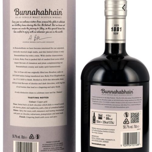 Bunnahabhain 14 Jahre - Feis Ile 2024 - Ruby Port Cask Finish - Limited Release - Islay Single Malt Scotch Whisky R Bunnahabhain 14 Jahre - Feis Ile 2024 - Ruby Port Cask Finish - Limited Release - Islay Single Malt Scotch Whisky