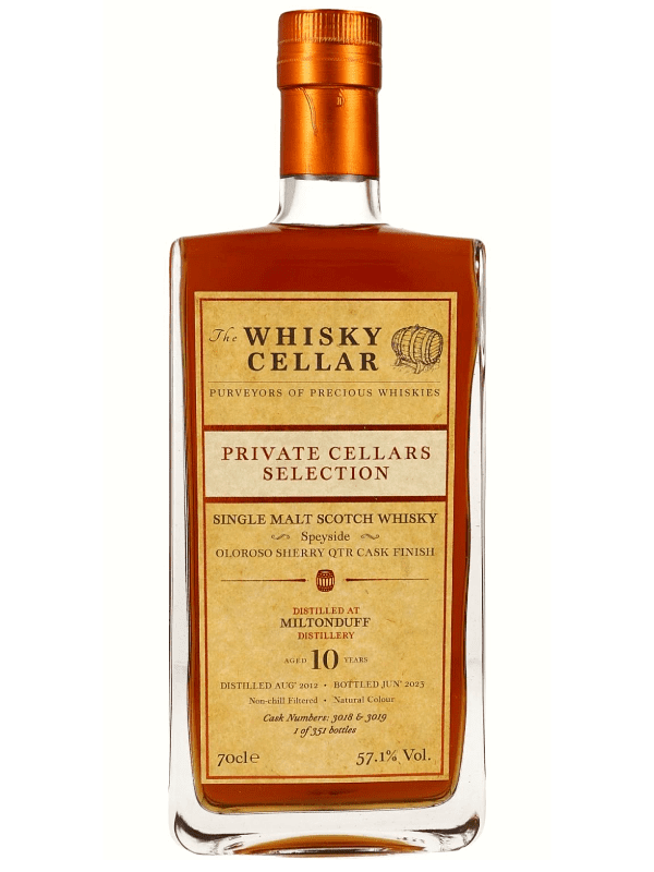 Miltonduff 10 Jahre - Vintage 2012 - Oloroso Sherry QTR Cask Finish - Cask No. 3018 & 3019 - The Whisky Cellar - Private Cellars Collection - Speyside Single Malt Scotch Whisky - 5cl Sample