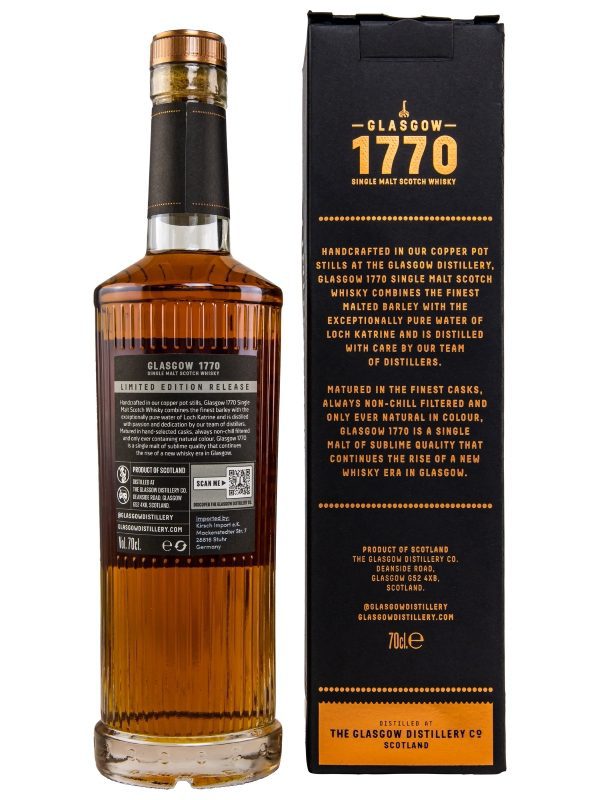 1770 Glasgow 4 Jahre Vintage 2018 Virgin American Oak, Moscatel Hogshead Finish Cask 18/960 Limited Edition Release Single Malt Scotch Whisky