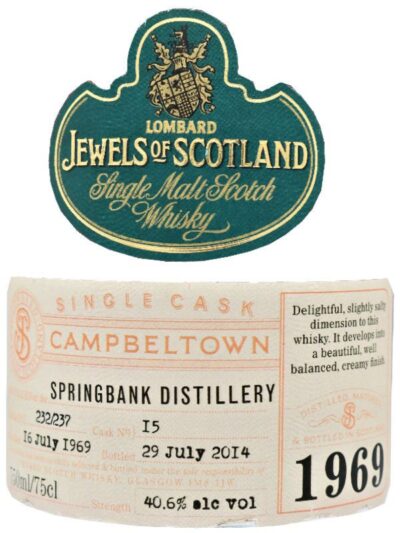 Label von Springbank 45 Jahre Vintage 1969 Jewels of Scotland by Lombard
