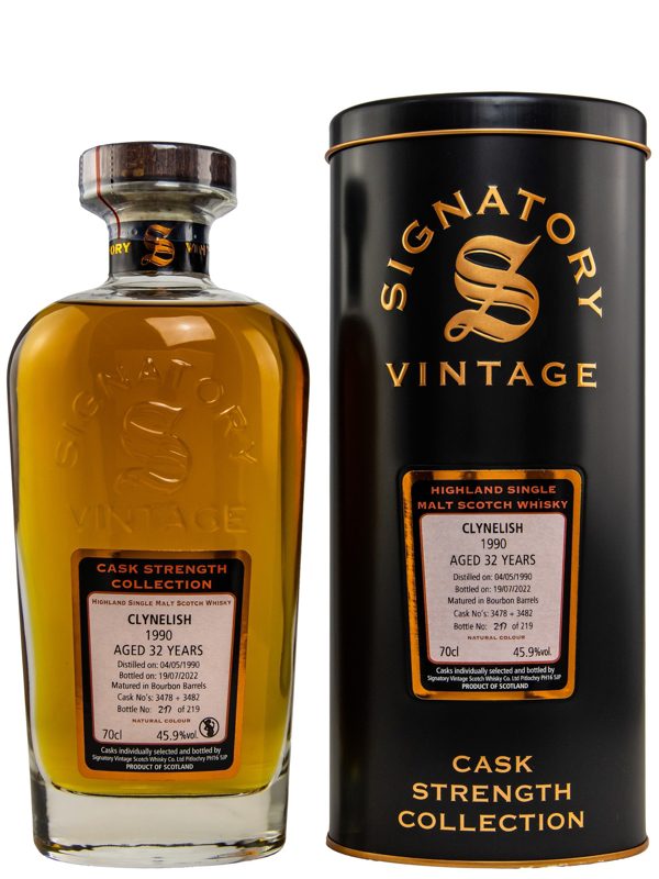 Clynelish 32 Jahre - Vintage 1990 - Matured in a Bourbon Barrel - Cask No. 3478 + 3482 - Signatory Vintage - Cask Strength Collection - Highland Single Malt Scotch Whisky Clynelish 32 Jahre - Vintage 1990 - Matured in a Bourbon Barrel - Cask No. 3478 + 3482 - Signatory Vintage - Cask Strength Collection - Highland Single Malt Scotch Whisky
