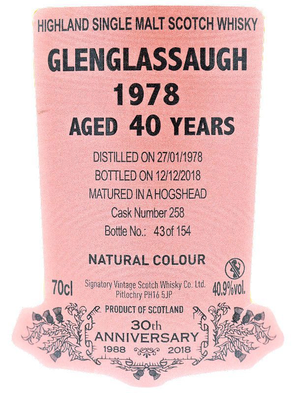 Glenglassaugh 40 J - 1978 Signatory Label Glenglassaugh 40 Jahre Vintage 1978 30th Anniversary Bottling by Signatory Vintage