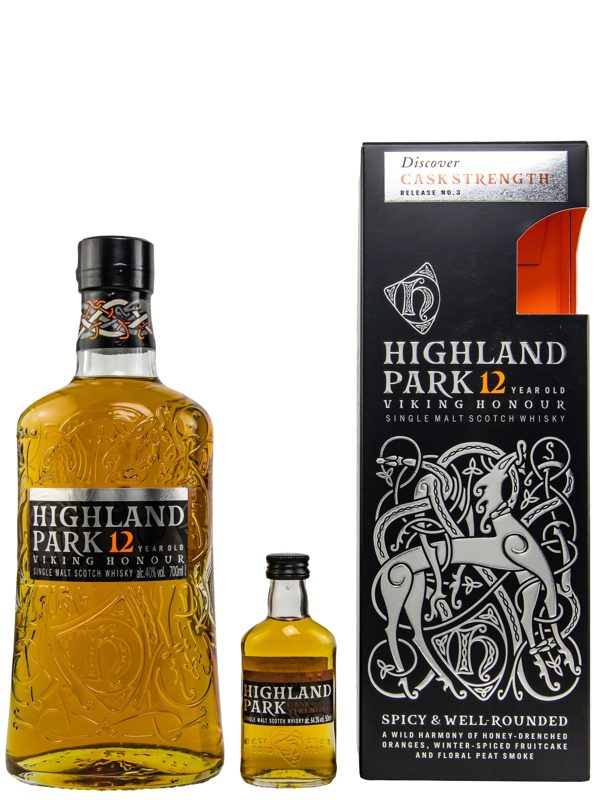 Highland Park 12 Jahre Viking Honour mit Geschenkverpackung und Highland Park Cask Strength Release No. 3 50ml Single Malt Scotch Whisky