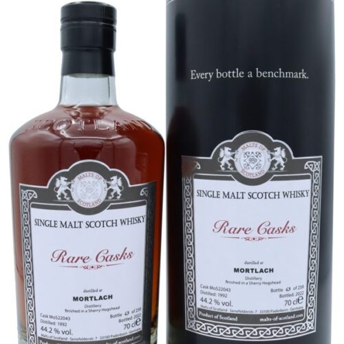 Mortlach - Vintage 1992 - Finished in Sherry Hogshead - Cask MoS22043 - Malts of Scotland - Rare Cask - Single Malt Scotch Whisky Mortlach - Vintage 1992 - Finished in Sherry Hogshead - Cask MoS22043 - Malts of Scotland - Rare Cask - Single Malt Scotch Whisky