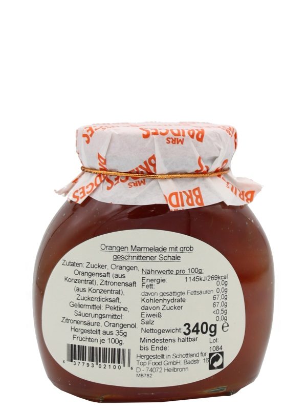 Mrs. Bridges Thick Cut Orange Marmalade - Orangenmarmelade mit grob geschnittener Orangenschale - 340g R Mrs. Bridges Thick Cut Orange Marmalade Orangenmarmelade mit grob geschnittener Orangenschale 340 gramm